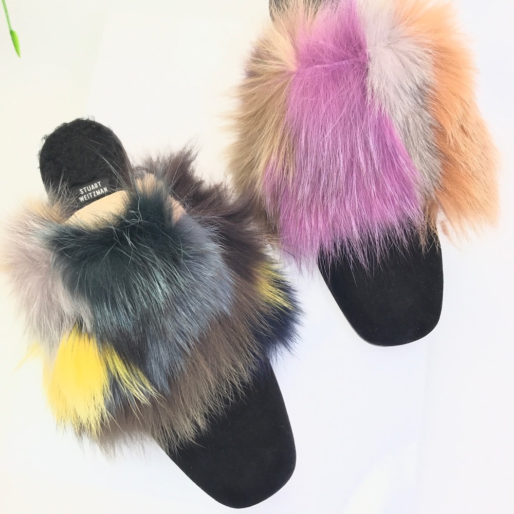 NEW S Weitzman  Furgetit Suede & Fox Fur mules
